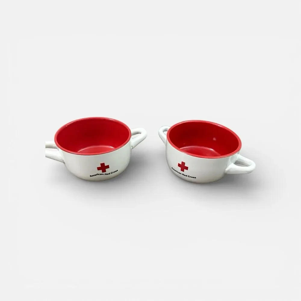 American Red Cross Soup Bowls Set of 2 Double Handled White Red Ceramic Vintage
